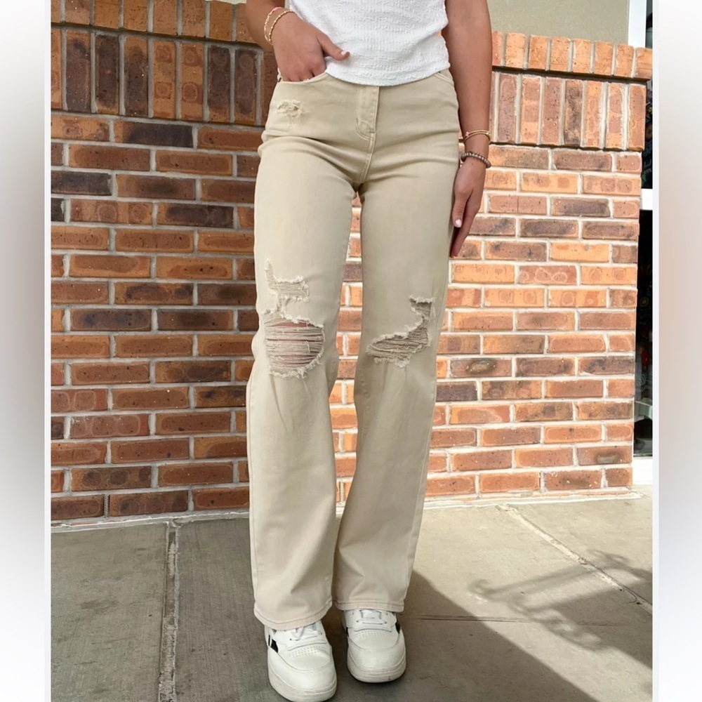 Judy Blue Bailey 90’s Bone Khaki High Waist Distressed Straight Denim Jeans